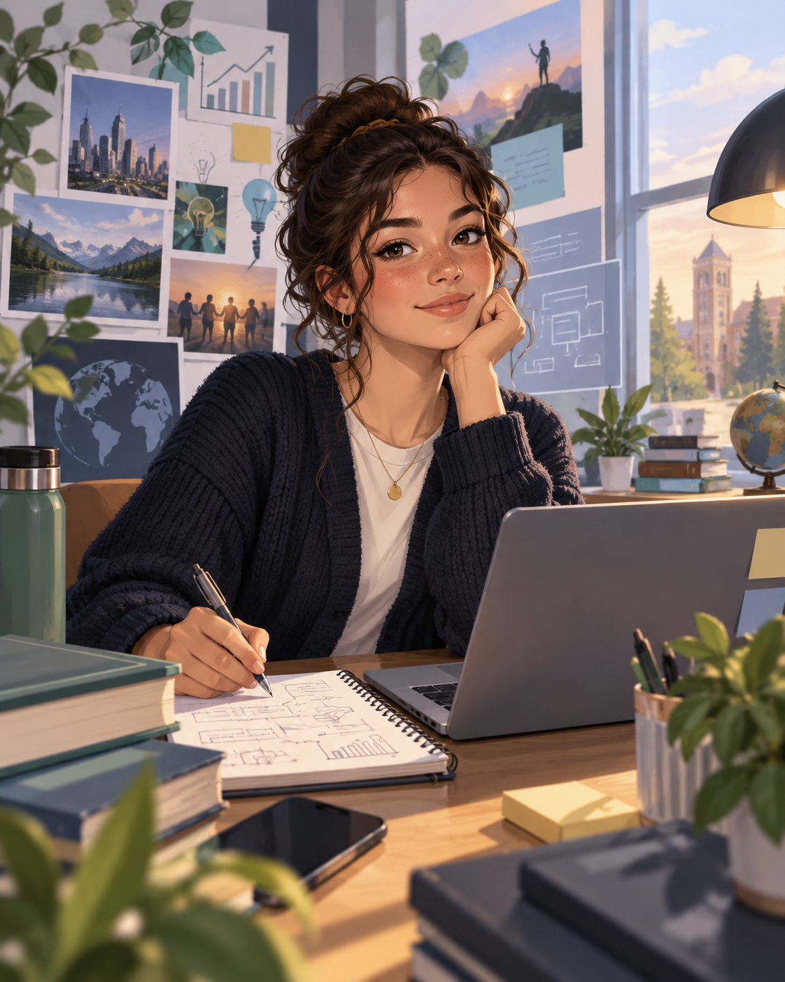 Editorial illustration of a student planning a project at a desk.